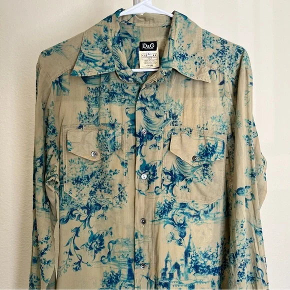 Vintage 1998 Dolce & Gabbana Toile De Jouy Beige & Bleu Shirt Size L - Picture 2 of 14